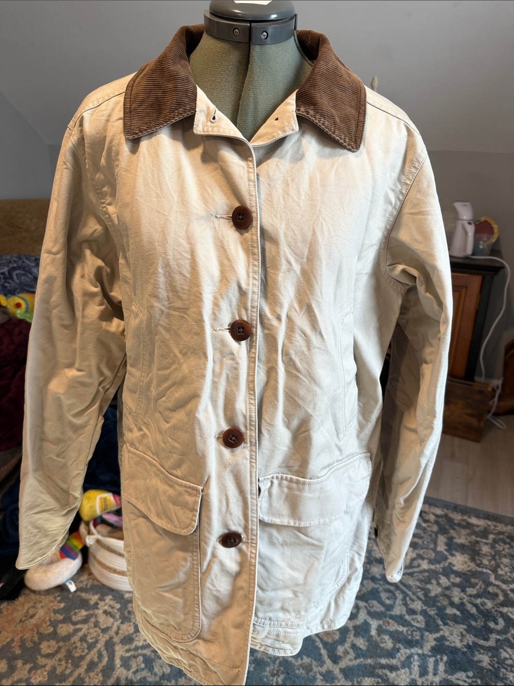 Vintage L.L. Bean Beige with Brown Corduroy Collar Barn/Chore Jacket